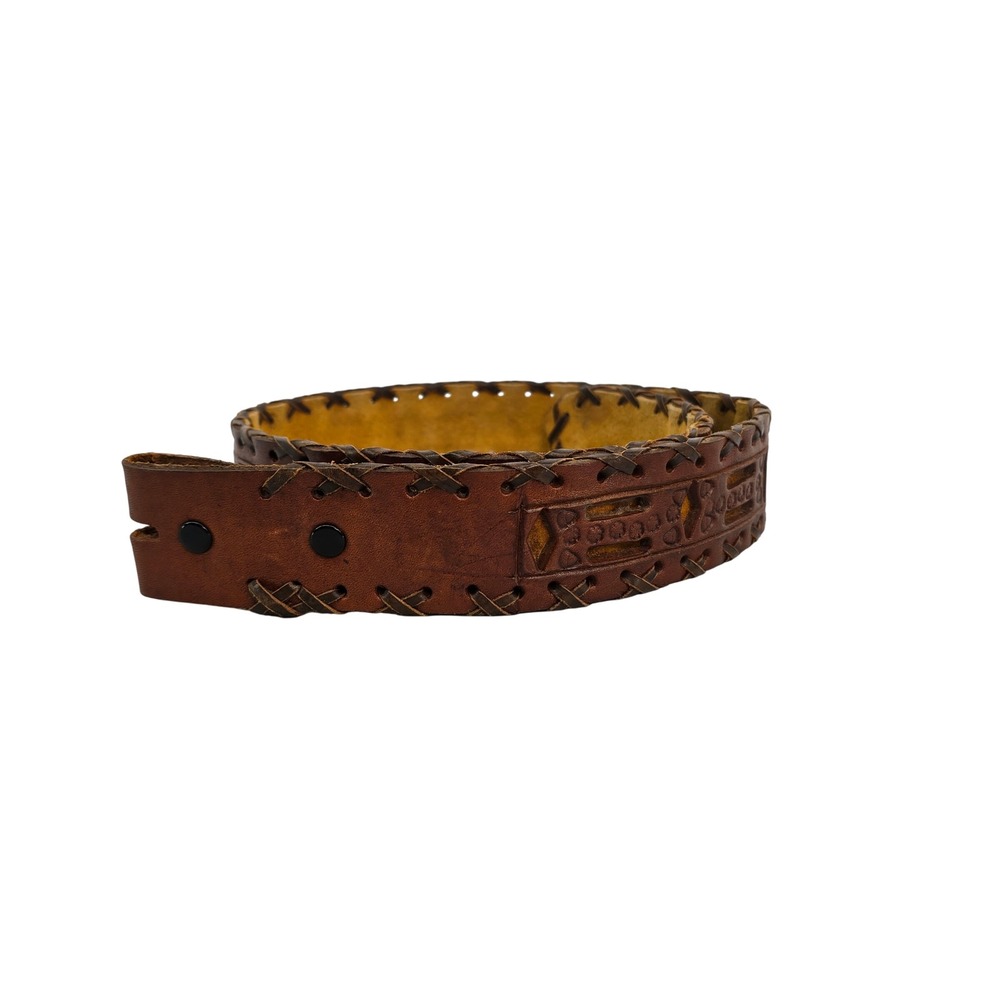 Vintage Brown Leather Whipstitch Belt Strap Geometric Stamped Western Mens 34